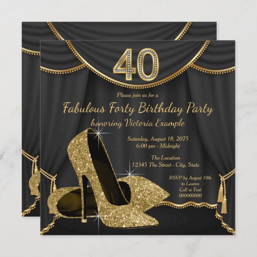 Zwart Gouden Schoen Fabulous 40ste Verjaardag Part Kaart (Voorkant / Achterkant)