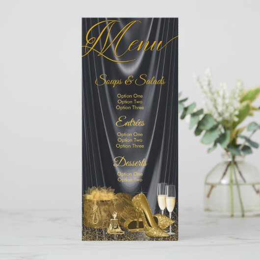 Zwart Gouden Schoen Vrouw Verjaardag Menu Programm Kaart (Staand voorkant)