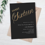 Zwart gouden script elegant Sweet 16 Kaart<br><div class="desc">Een moderne Sweet 16 uitnodiging. Klassieke zwarte achtergrond en het woord Zestien geschreven met grote letters in faux goud. Personaliseer en voeg een naam en feestdetails toe. Witte tekst.</div>