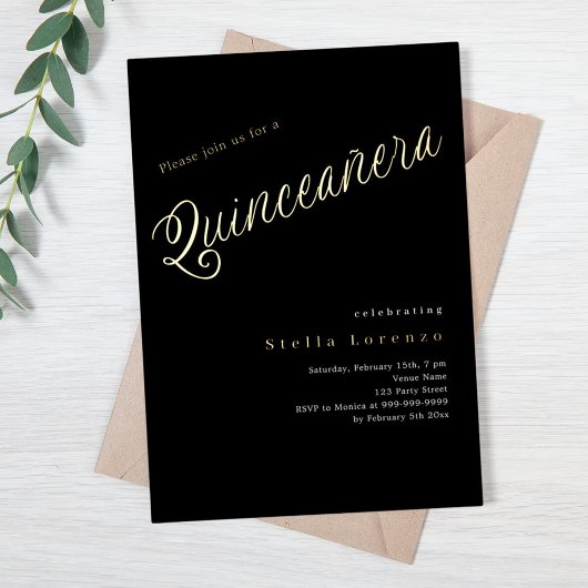 Zwart gouden script elegante Quinceanera Folie Uitnodiging