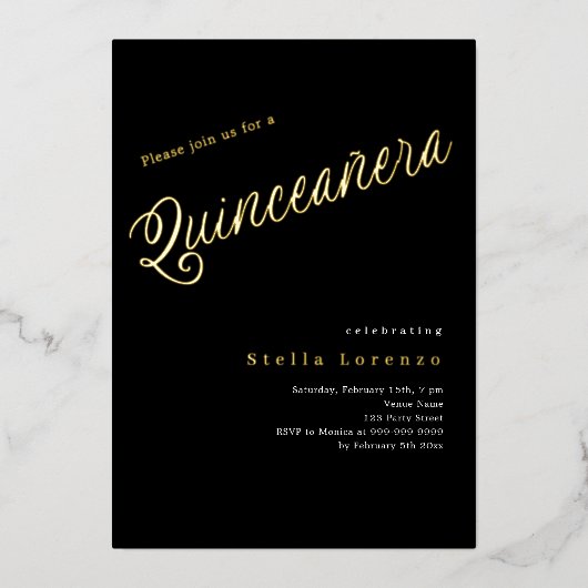 Zwart gouden script elegante Quinceanera Folie Uitnodiging (Voorkant)