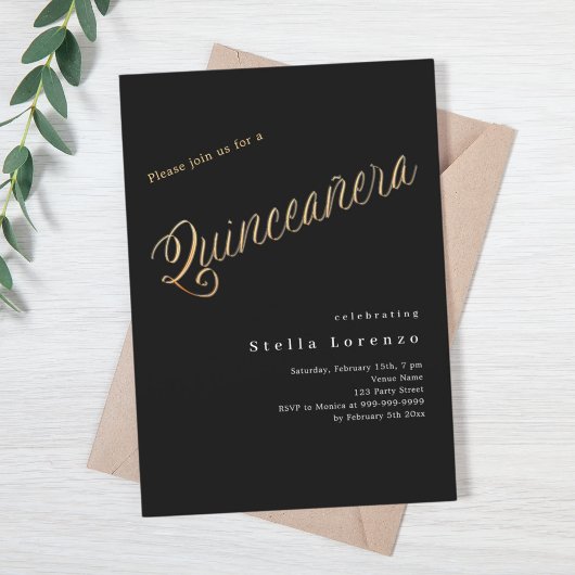 Zwart gouden script elegante Quinceanera Kaart