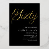 Zwart gouden script luxe 60e verjaardag folie uitnodiging (Voorkant)