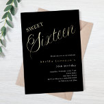 Zwart gouden script luxe Sweet 16 Folie Uitnodiging<br><div class="desc">Een moderne Sweet 16 uitnodiging. Klassieke zwarte achtergrond en het woord Zestien geschreven met grote letters in faux goud. Personaliseer en voeg een naam en feestdetails toe. Witte tekst.</div>