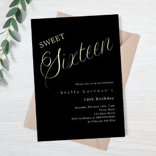 Zwart gouden script luxe Sweet 16 Folie Uitnodiging