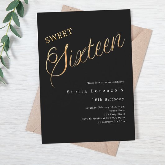 Zwart gouden script luxe Sweet 16 Kaart