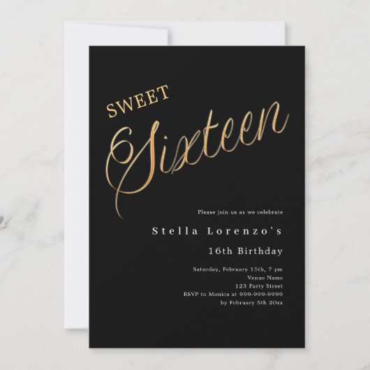 Zwart gouden script luxe Sweet 16 Kaart (Voorkant)