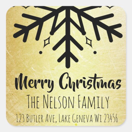 Zwart-gouden sneeuwvlok, persoonlijk kerstfeest vierkante sticker (Voorkant)