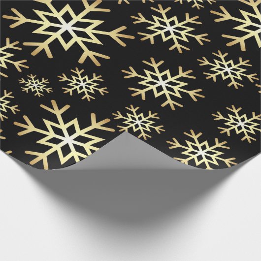 Zwart gouden sneeuwvlokpatroon cadeaupapier (Hoek)