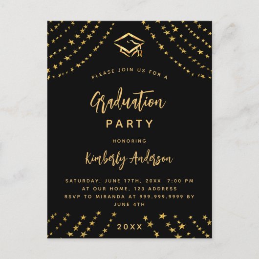 Zwart gouden sterren afstudeerfeest modern jaar uitnodiging briefkaart (Voorkant)