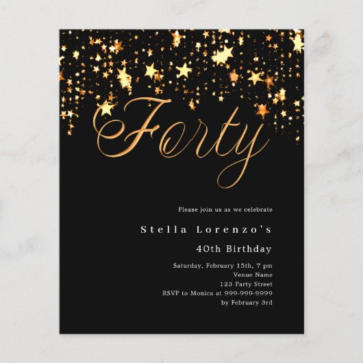 Zwart gouden sterren budget 40e verjaardag uitnodi (Voorkant)