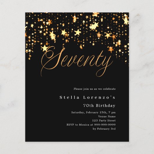 Zwart gouden sterren budget 70e verjaardag uitnodi (Voorkant)