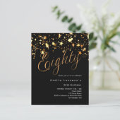 Zwart gouden sterren budget 80e verjaardag uitnodi (Staand voorkant)