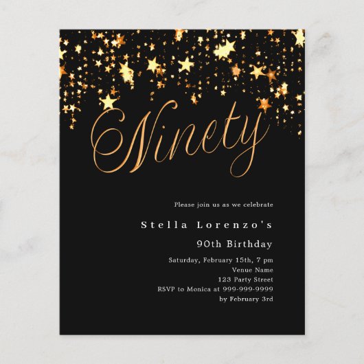 Zwart gouden sterren budget 90e verjaardag uitnodi (Voorkant)