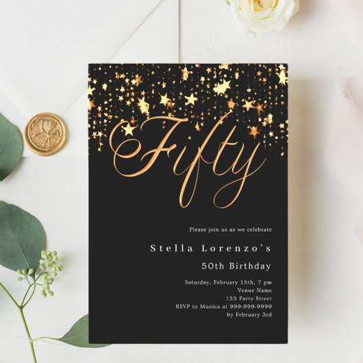 Zwart gouden sterren elegante 50ste verjaardag kaart