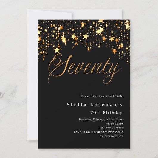 Zwart gouden sterren elegante 70e verjaardag kaart (Voorkant)