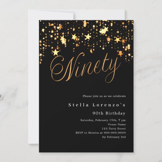 Zwart gouden sterren elegante 90ste verjaardag kaart (Voorkant)