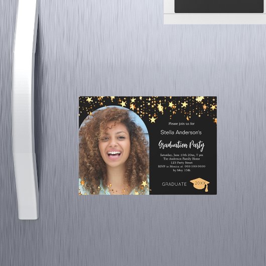 Zwart gouden sterren foto boog afstudeerfeest magnetische uitnodiging