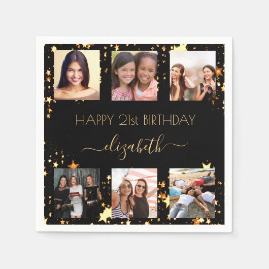 Zwart gouden sterren foto collage verjaardag servet (Voorkant)