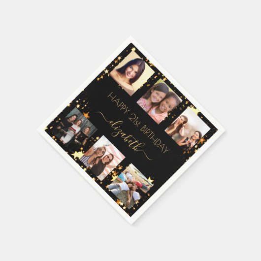 Zwart gouden sterren foto collage verjaardag servet (Hoek)