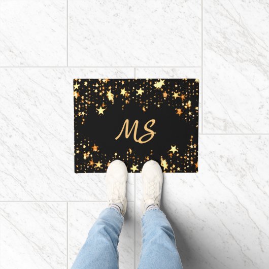 Zwart gouden sterren monogram elegant deurmat (Binnen)