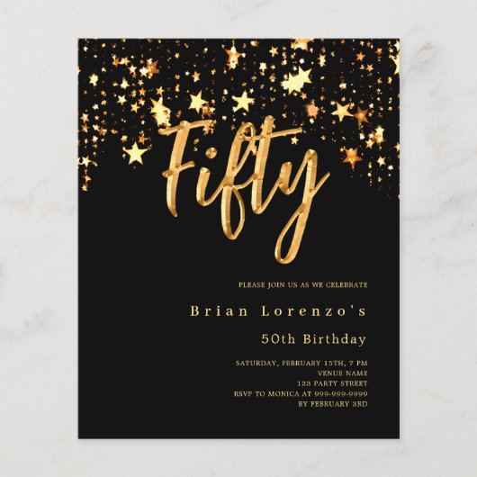 Zwart gouden sterren script 50e verjaardag uitnodi (Voorkant)