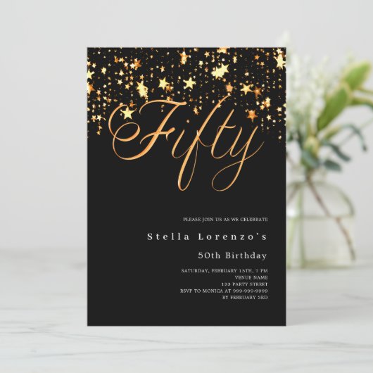 Zwart gouden sterren script elegante 50e verjaarda kaart (Staand voorkant)