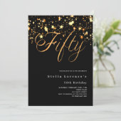 Zwart gouden sterren script elegante 50e verjaarda kaart (Staand voorkant)