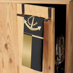 Zwart & Gouden Strepen met Nautical Boat Anchor Theedoek