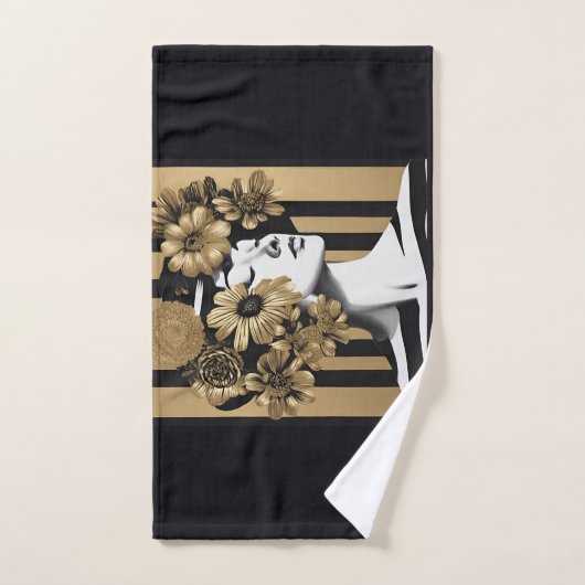 Zwart Gouden Strepen Vrouw Bloemen Bad Handdoek (Handdoek)