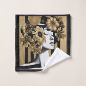 Zwart Gouden Strepen Vrouw Bloemen Bad Handdoek (Wasdoekje)