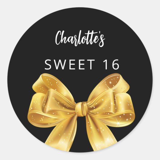 Zwart gouden strik Sweet 16 Ronde Sticker (Voorkant)