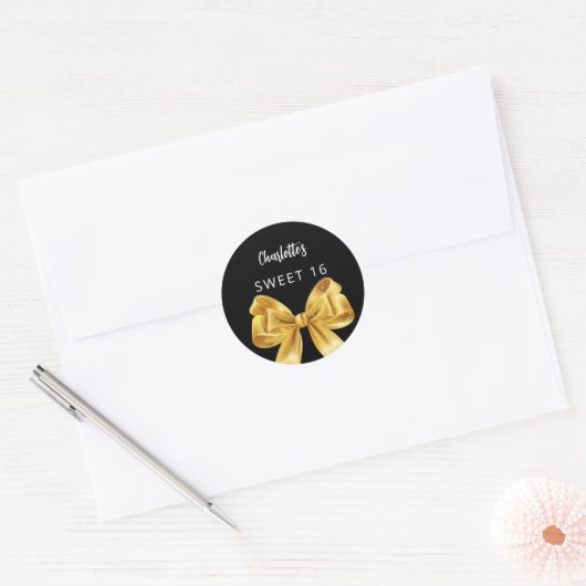 Zwart gouden strik Sweet 16 Ronde Sticker (Envelop)