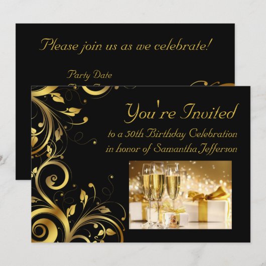 Zwart & Gouden Swirl 5x7 Aangepaste 50ste Verjaard Kaart (Voorkant / Achterkant)