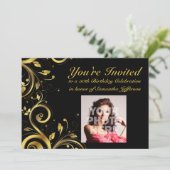 Zwart + Gouden Swirl, Aangepaste foto 50ste verjaa Kaart (Staand voorkant)
