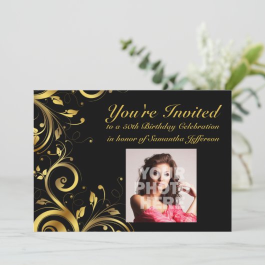 Zwart + Gouden Swirl, Aangepaste foto 50ste verjaa Kaart (Staand voorkant)