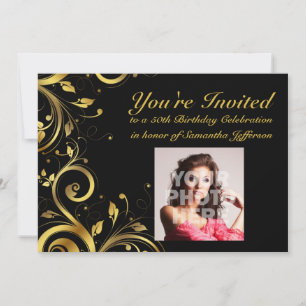 Zwart + Gouden Swirl, Aangepaste foto 50ste verjaa Kaart