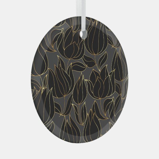Zwart gouden tulpen: luxe bloemenpatroon glas ornament (Voorkant Rechts)