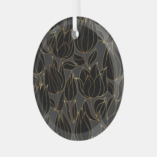 Zwart gouden tulpen: luxe bloemenpatroon glas ornament (Voorkant links)