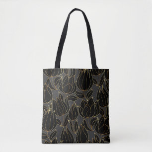 Zwart gouden tulpen: luxe bloemenpatroon tote bag