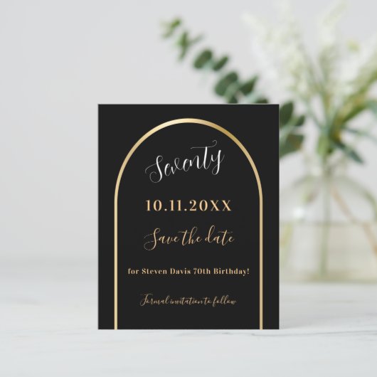 Zwart gouden verjaardag save the date card (Staand voorkant)
