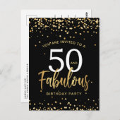 Zwart & gouden verjaardagsuitnodiging Vijftig & Fa Briefkaart (Voorkant / Achterkant)