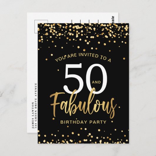 Zwart & gouden verjaardagsuitnodiging Vijftig & Fa Briefkaart (Voorkant / Achterkant)