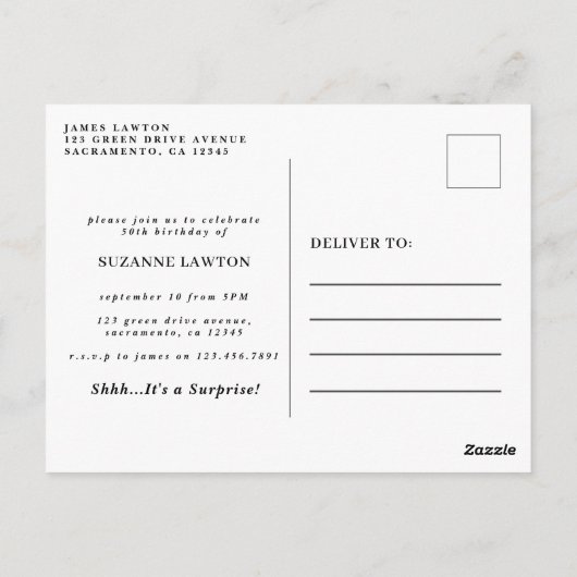 Zwart & gouden verjaardagsuitnodiging Vijftig & Fa Briefkaart (Achterkant)