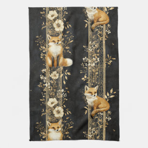 Zwart Gouden Victoriaanse Vos Botanisch Patroon Theedoek