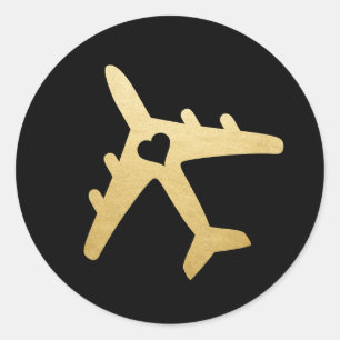 Zwart Gouden Vliegtuig Hart Reis Thema Favor Ronde Sticker