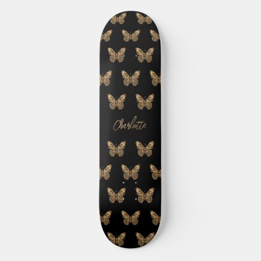 Zwart gouden vlinders patroon naam script persoonlijk skateboard (Voorkant)