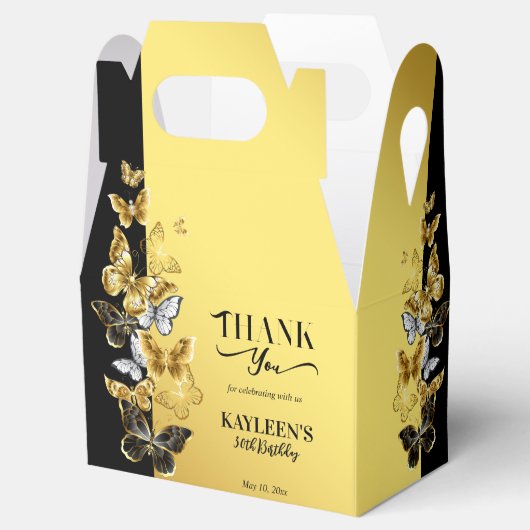 Zwart-gouden vlinders, verjaardagsfeestje, aangepa bedankdoosjes (Geopend)