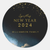 Zwart Gouden | Waterverf sprankelend Nieuwjaar Ronde Sticker (Voorkant)