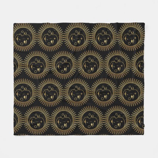 Zwart-gouden zon- en moongezichten fleece deken (Voorkant (Horizontaal))